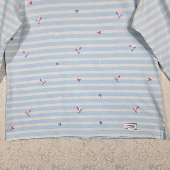 Talbots Authentic Embroidered T Shirt sz X Blue Ivory Striped Ice Skates Stars - Picture 3 of 12
